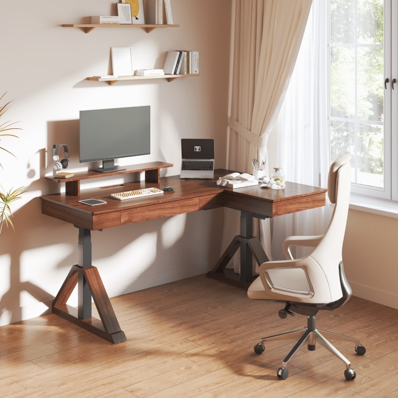 L-Shaped Corner Standing Desk with Drawer & Shelf | Mid Century
